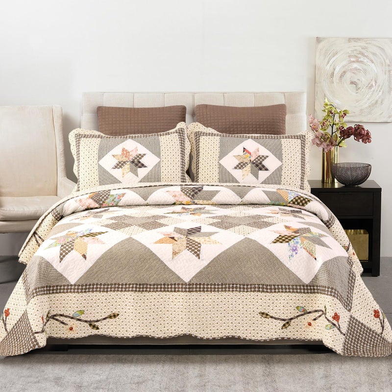 YAYIDAY Quilts King Size Patchwork Bedspread Set - 100% Cotton Reversible Breathable Brown Geometric Quilted Quilt with Pillow Shams for All Seasons - Image 1
